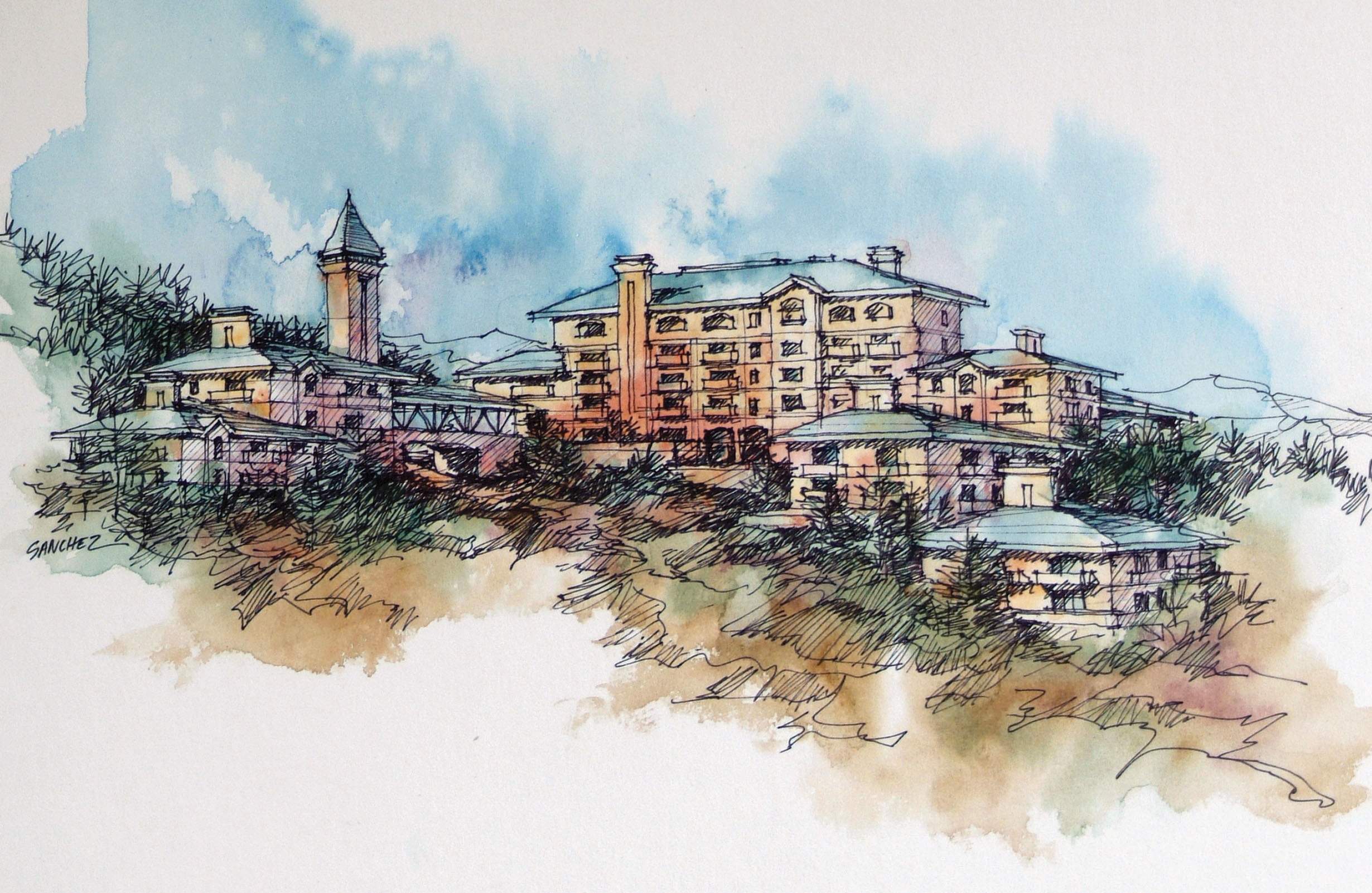 Hillside development freehand drawing in watercolor